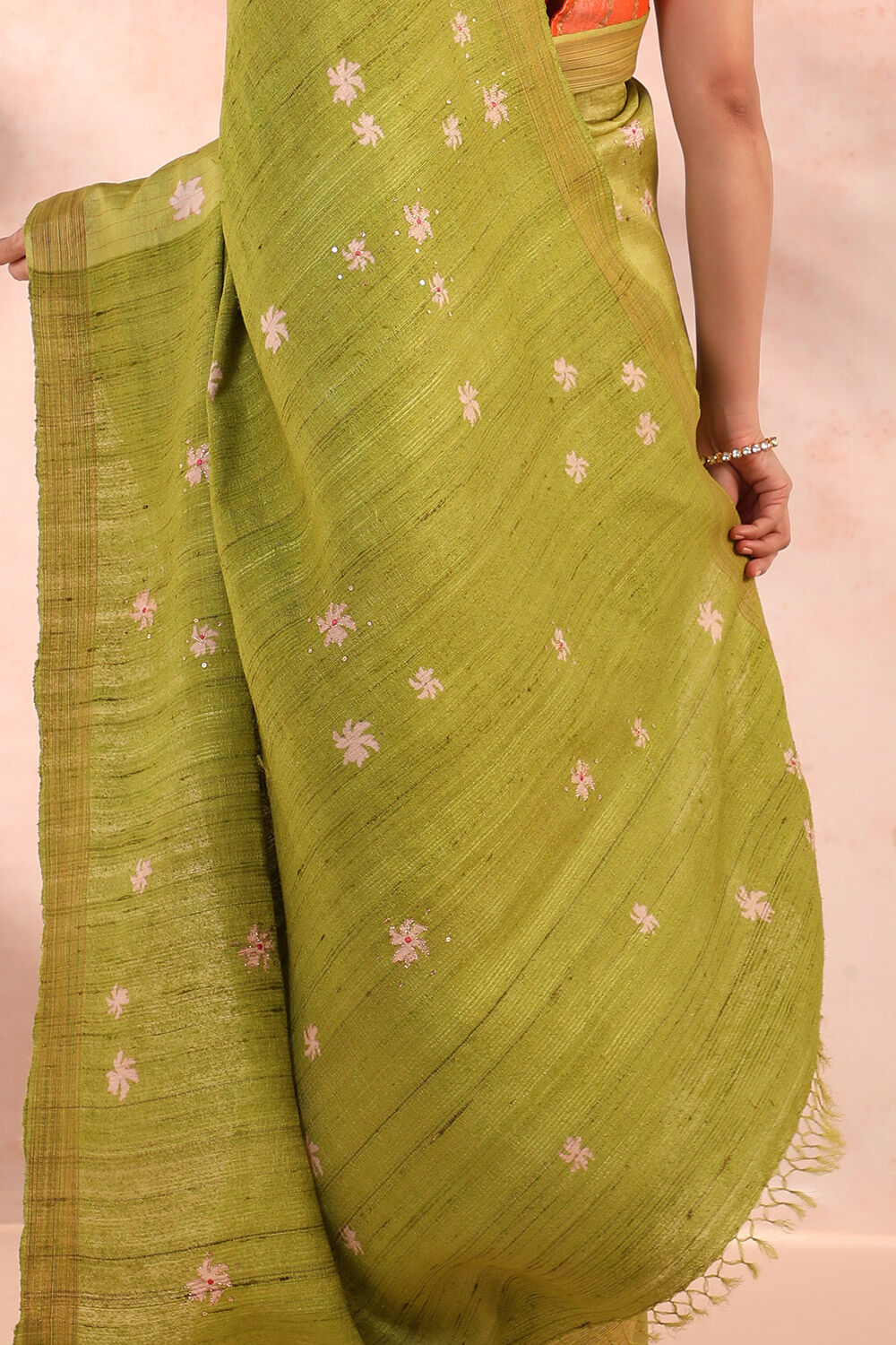 Light Green Block Printed Pure Tussar Silk Saree image number null