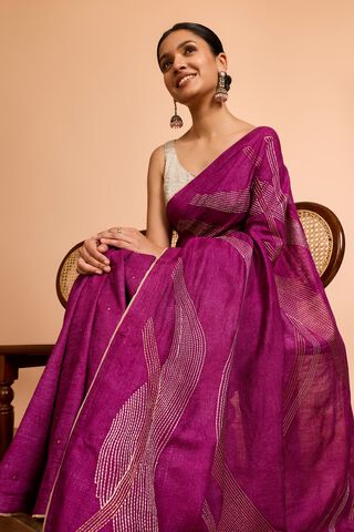 Purple  Pure Tussar Silk Embroidered Saree image number