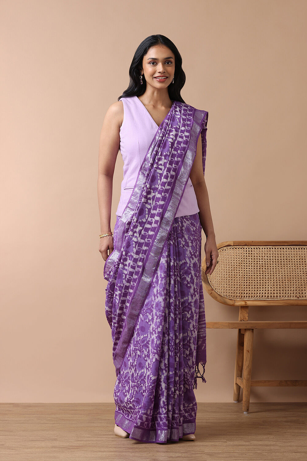 Light Violet Cotton Viscose Rajasthan Block Printed Saree image number null