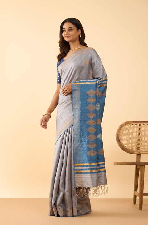 Grey Bhagalpur Woven Pure Silk Saree
