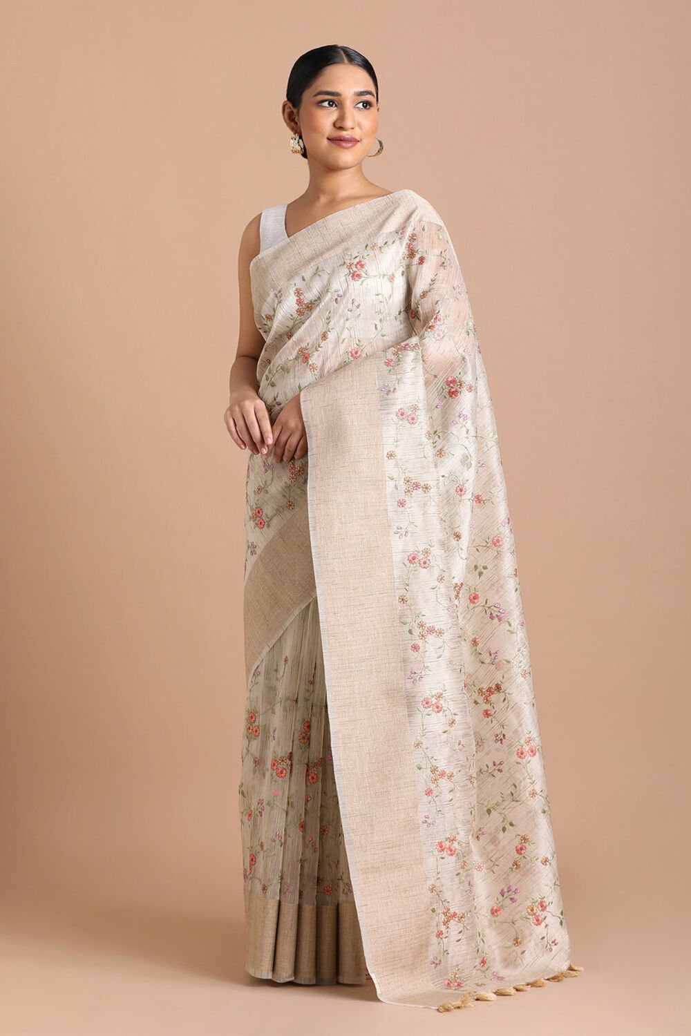 Beige Pure Embroidered Saree image number null
