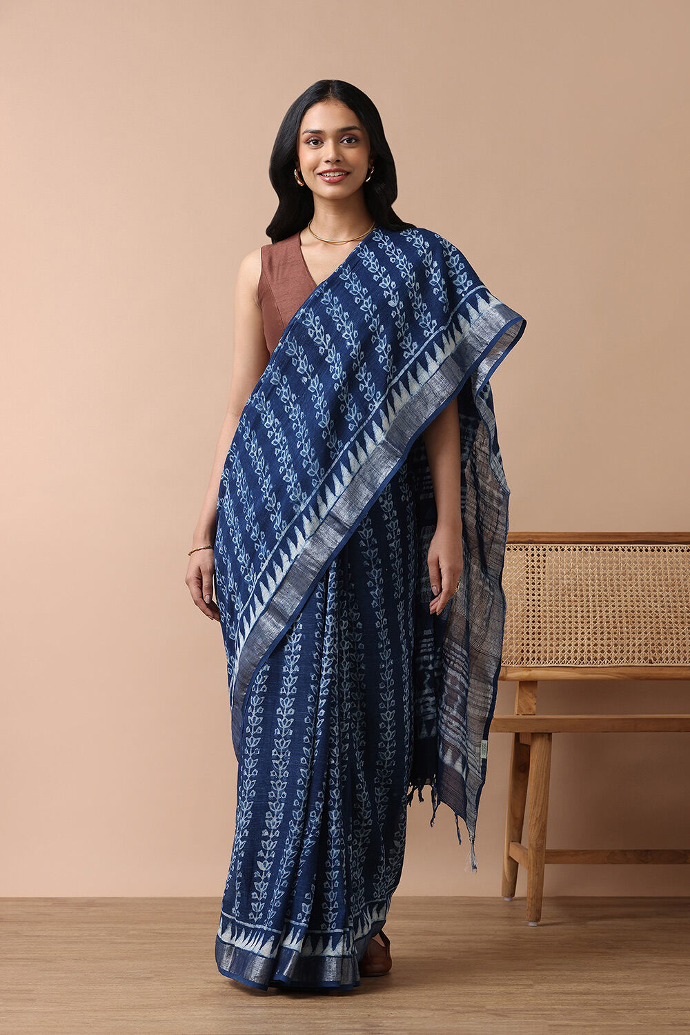 Blue Cotton Viscose Rajasthan Block Printed Saree image number null