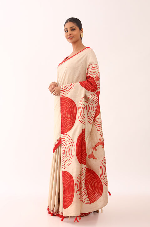 Beige Chattisgarh Pure Tussar Silk Hand Painted Saree