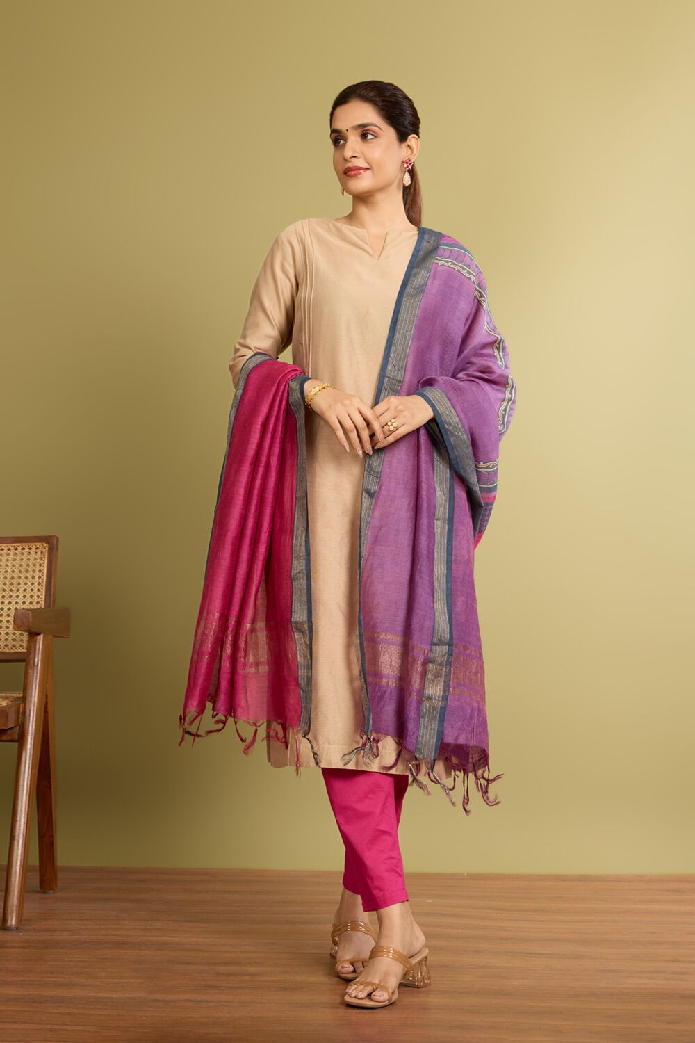 Purple Block Printed Silk Muga Dupatta image number null