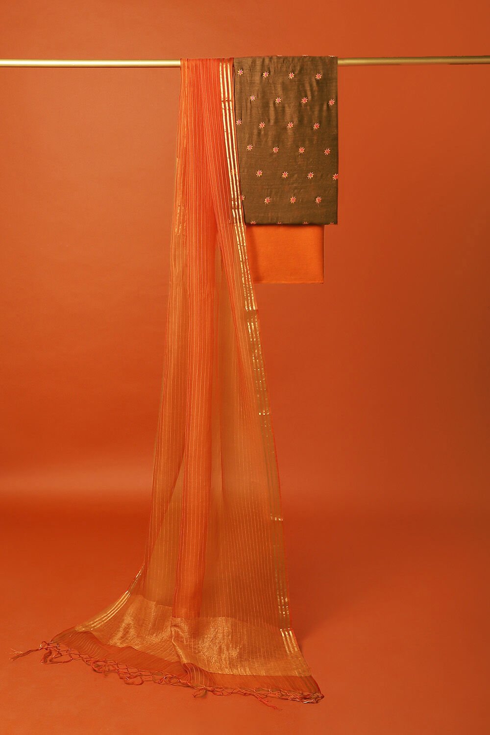 Brown Silk Embroidered Unstitched Suit Set image number null