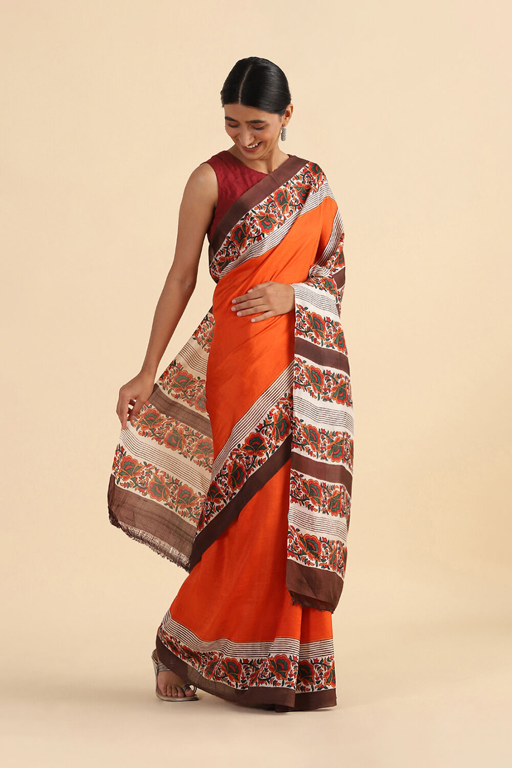 Red Hand Blockprinted Pure Silk Saree image number null