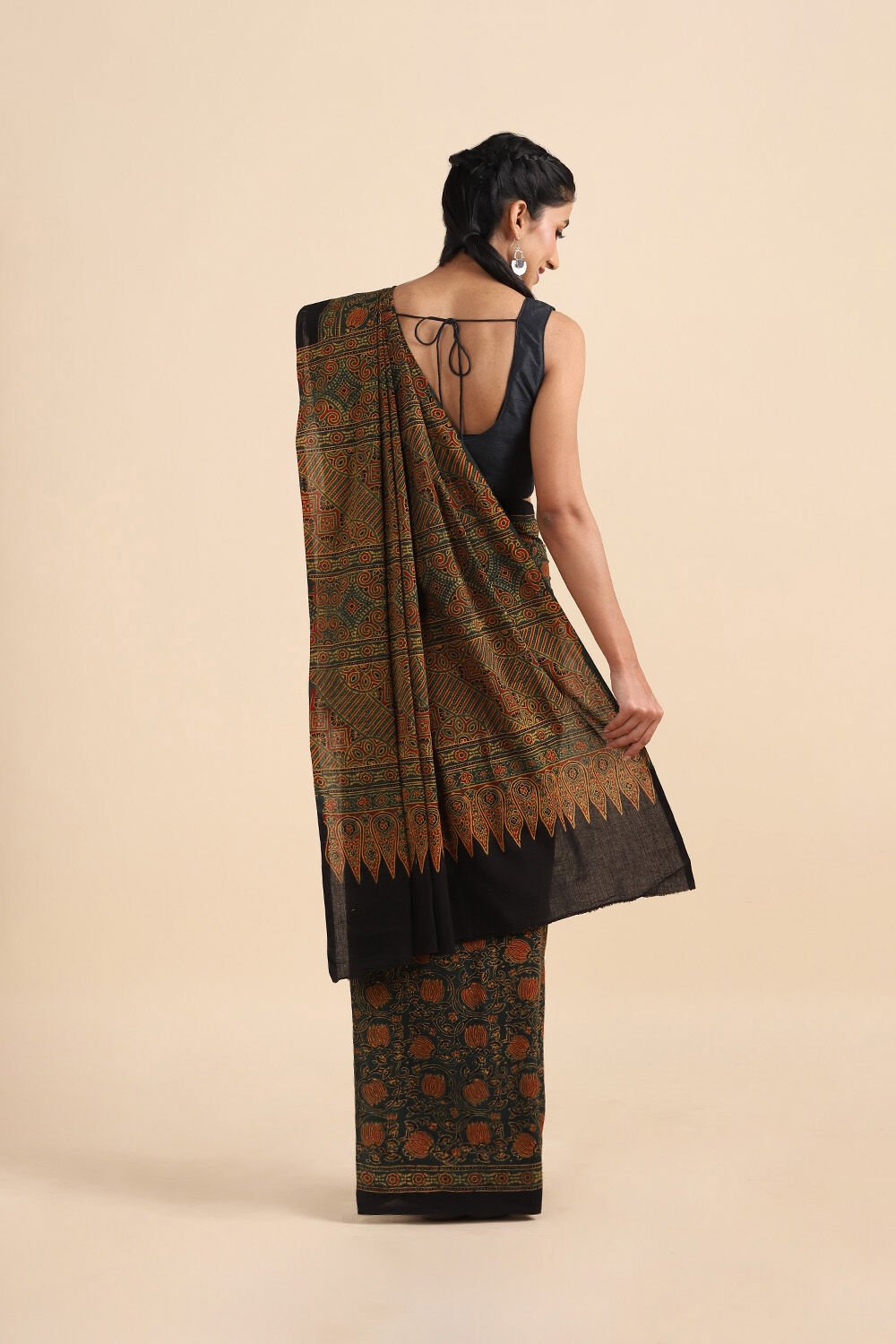 Green Pure Cotton Ajrakh Printed Saree image number null