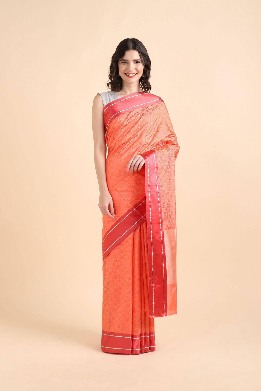Light Orange Pure Silk Banarasi Tanchoi Saree image number null