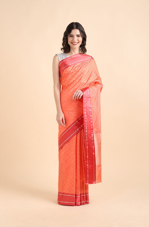 Light Orange Pure Silk Banarasi Tanchoi Saree