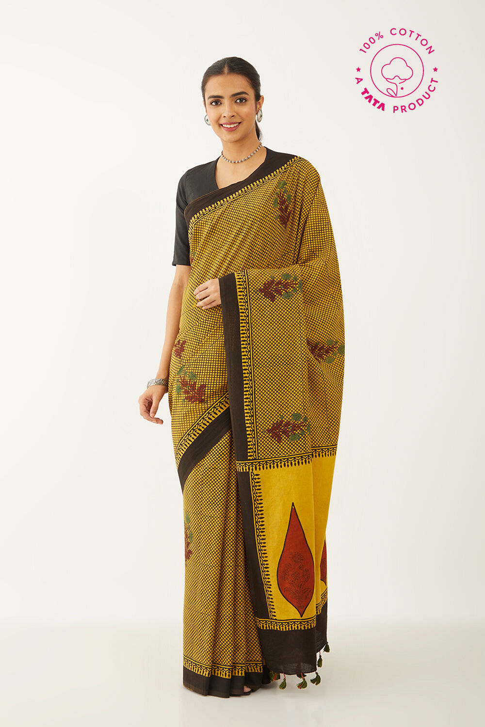 Yellow Pure Cotton Ajrakh Block Print Saree image number null