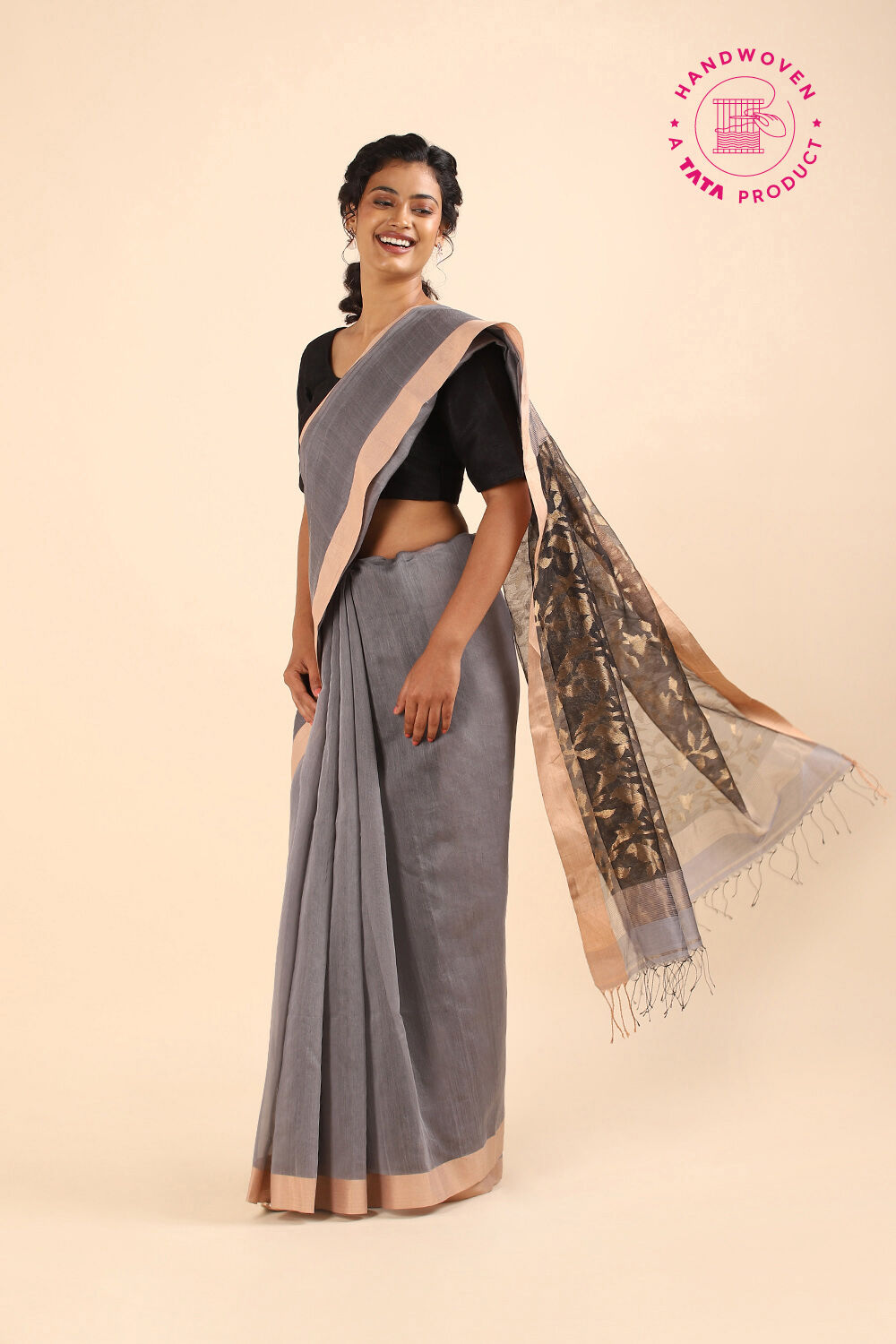 Grey Pure Silk Cotton Bengal Saree image number null