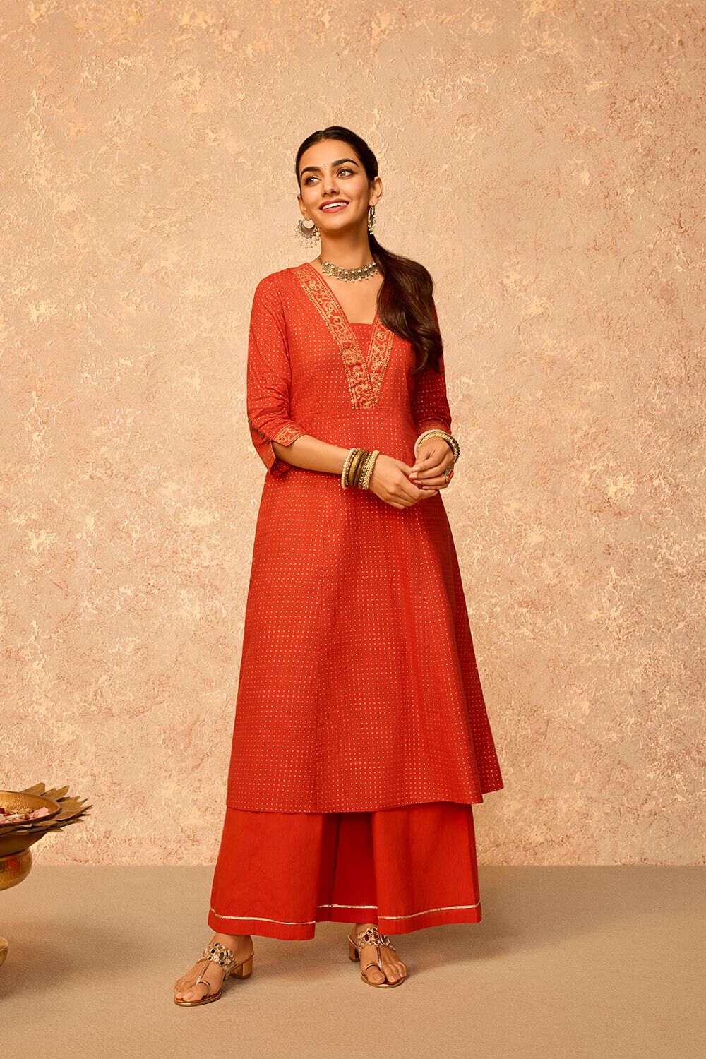 Dark Orange Screen Printed Pure Cotton Kurta image number null