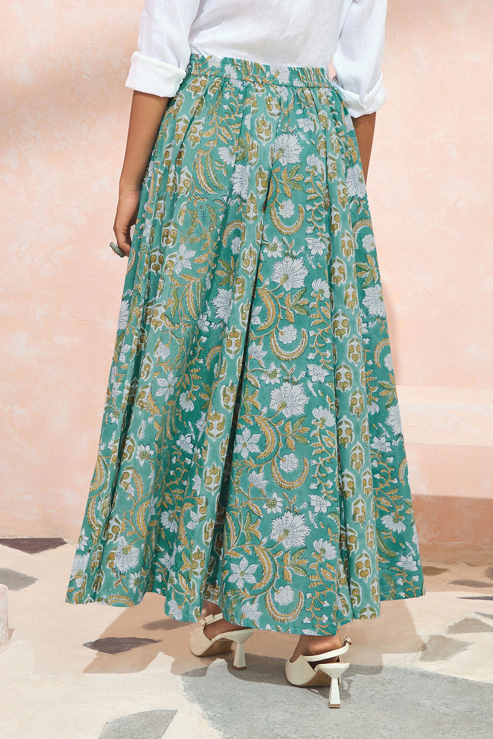 Green Block Printed Pure Cotton Skirt image number null