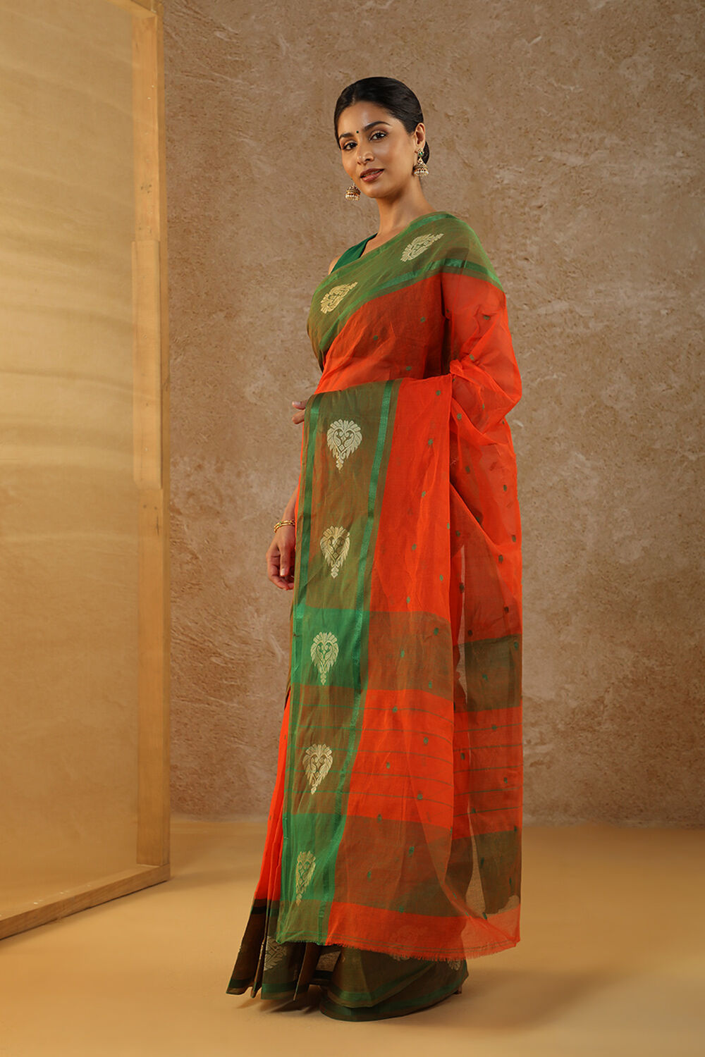 Orange Woven Pure Cotton Bengal Saree image number null