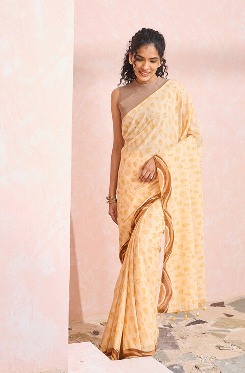 Light Yellow Bengal Screen Printed Pure Mulmul Cotton Saree