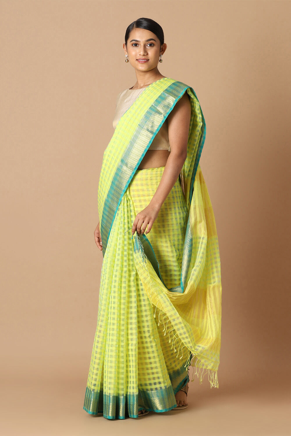 Yellow Pure Silk Cotton Maheswari Saree image number null
