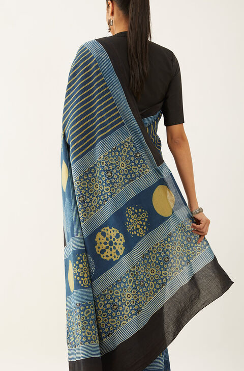 Blue Pure Cotton Ajrakh Block Print Saree