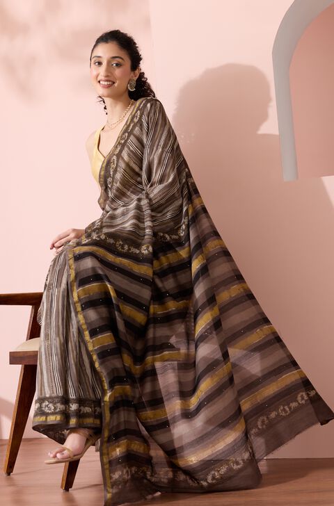 Grey Bagru Mukaish Pure Silk Cotton Saree
