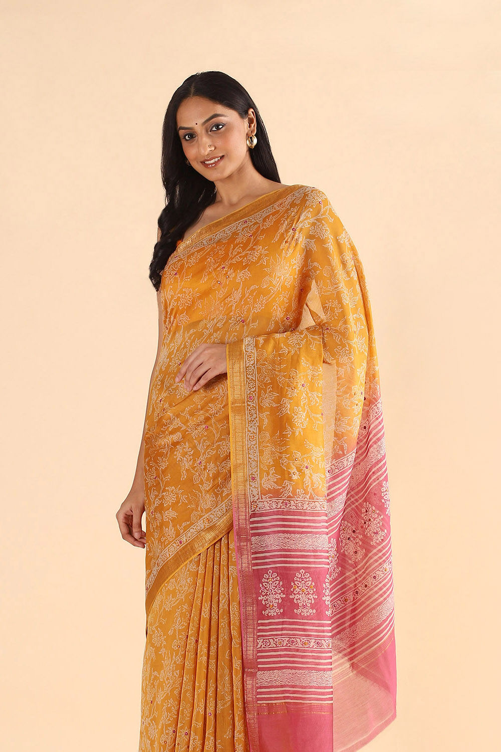 Yellow Pure Silk Cotton Embroidered Saree image number null