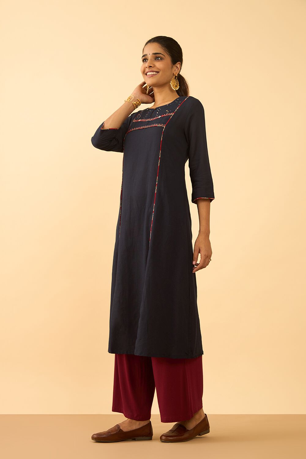 Dark Blue Rayon Cotton Embroidered Kurta image number null