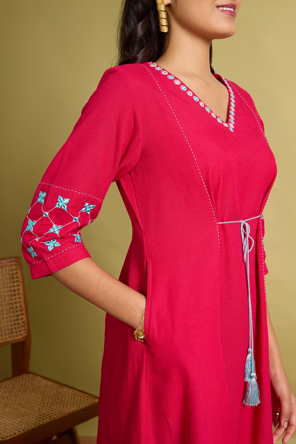 Pink Viscose Cotton Embroidered Kurta image number null