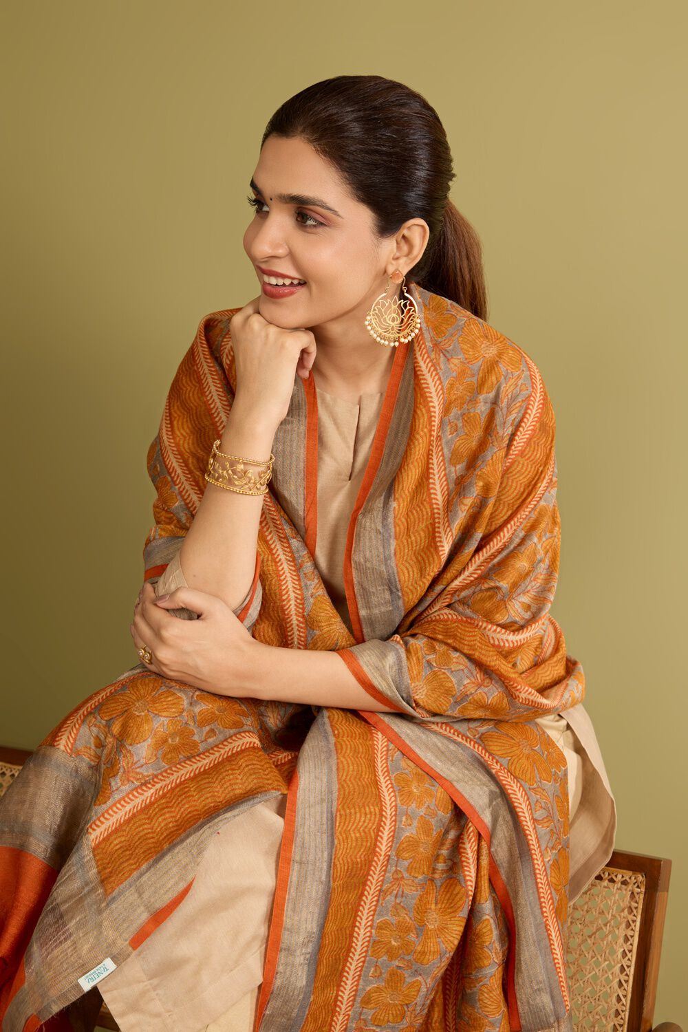 Dark Yellow Block Printed Silk Muga Dupatta image number null