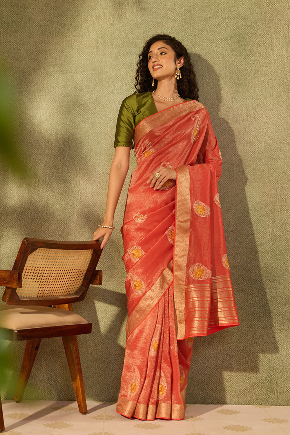 Red Viscose Tissue Embroidered Saree image number null