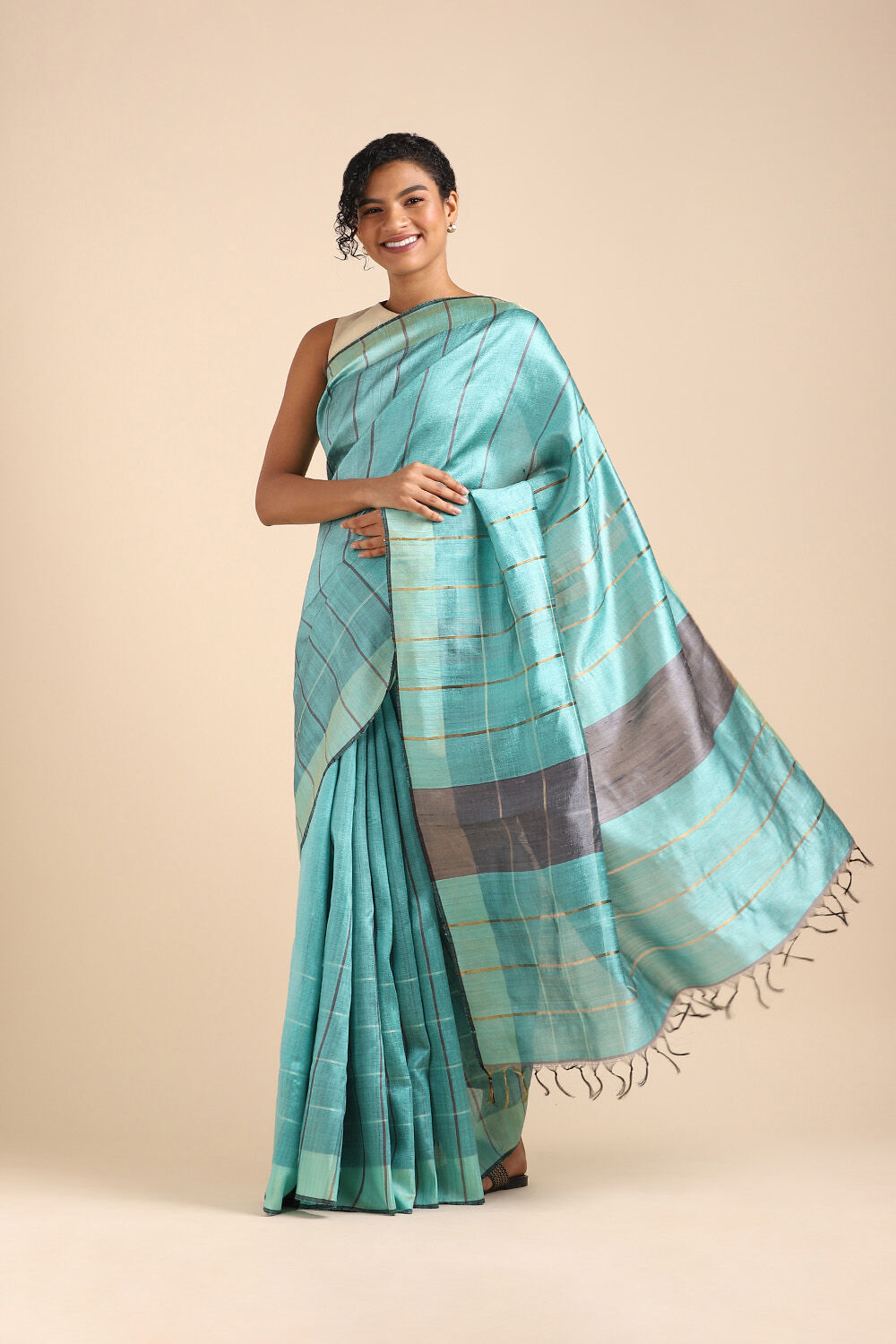 Light Blue Pure Tussar Silk Bhagalpuri Saree image number null