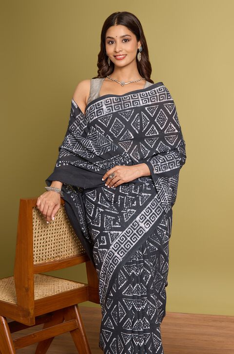 Black Pure Cotton Batik Saree