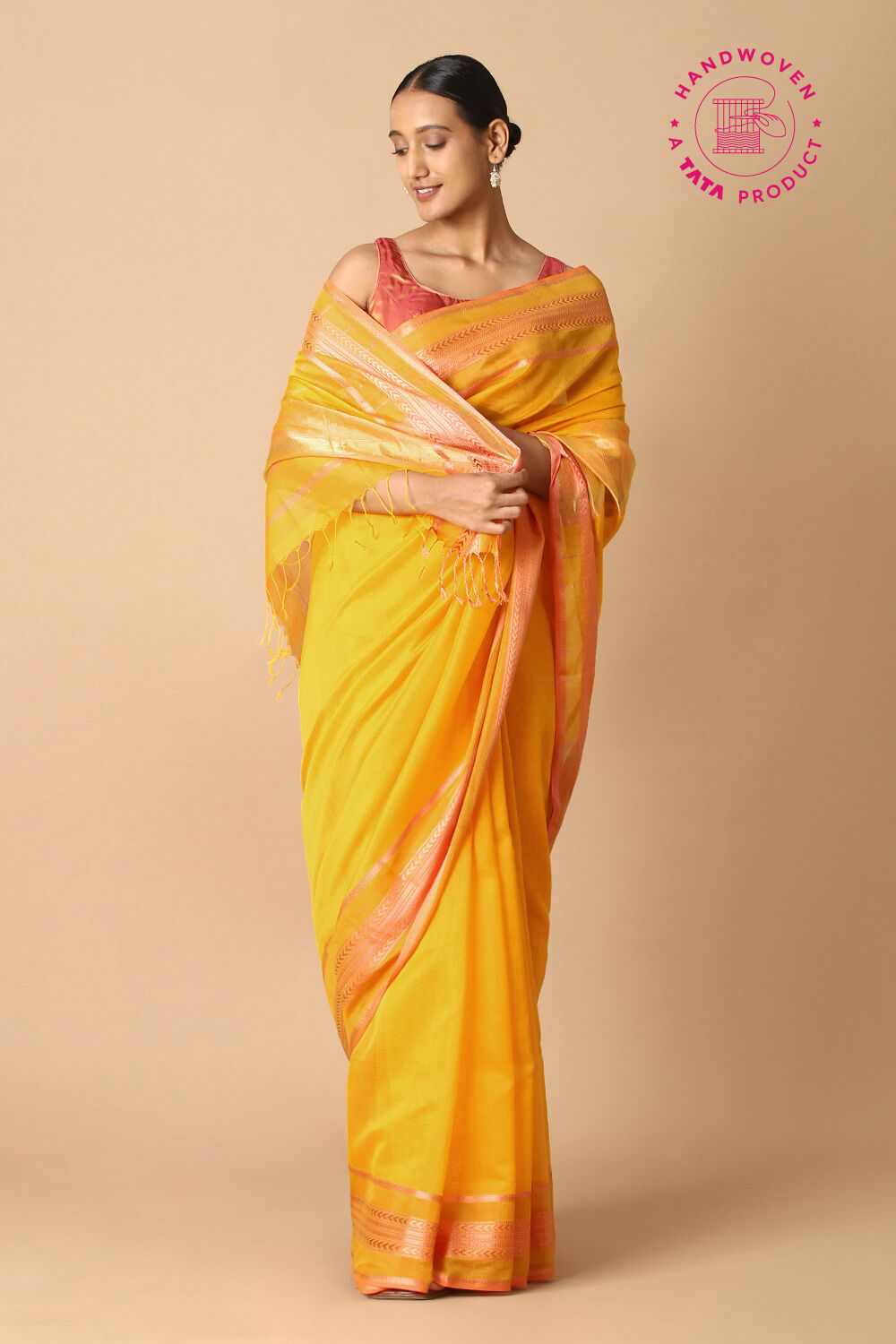 Yellow Pure Silk Cotton Maheswari Saree image number null