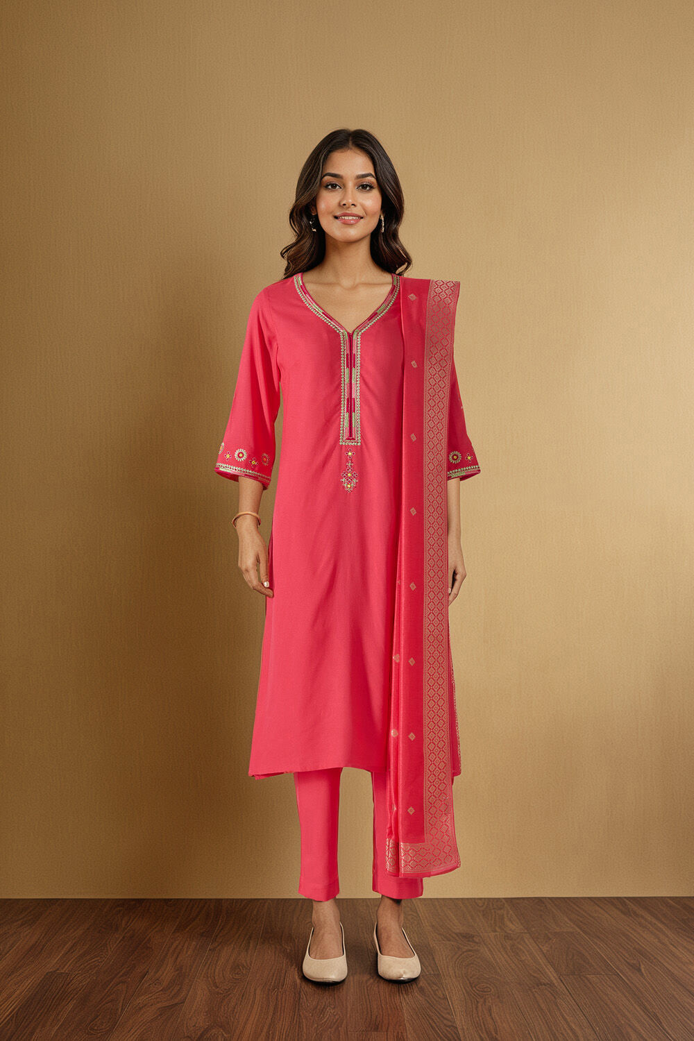 Pink Embroidered Pure Viscose Kurta Set image number null