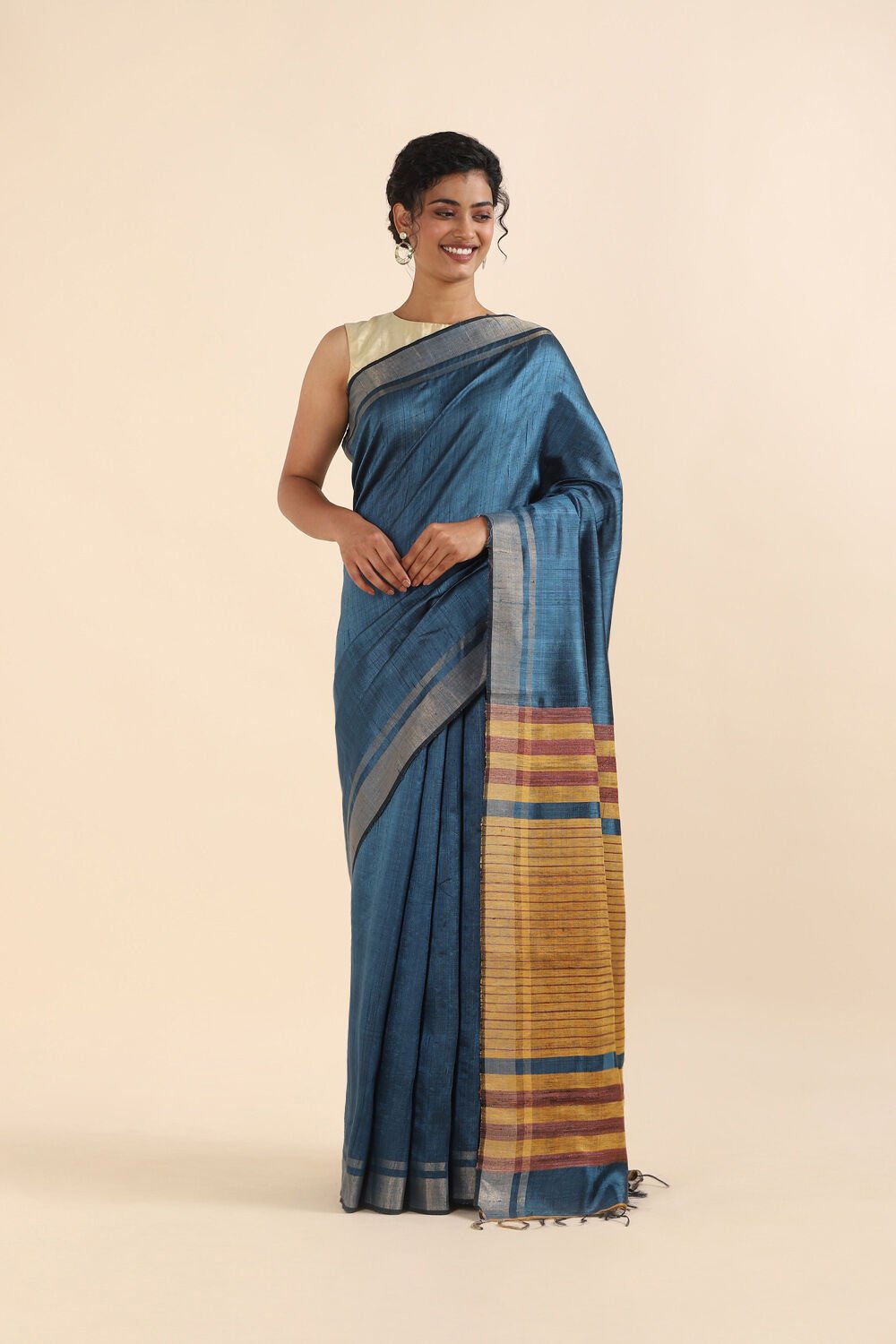 Dark Pure Blue Tussar Bhagalpuri Saree image number null