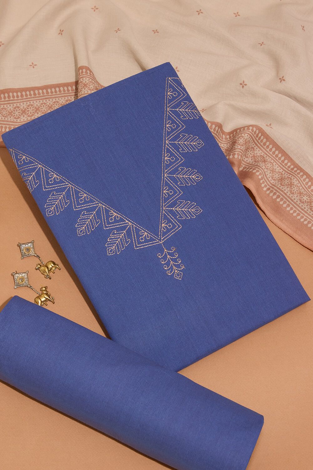 Dark Blue Pure Cotton Embroidered Unstitched Suit Set image number null