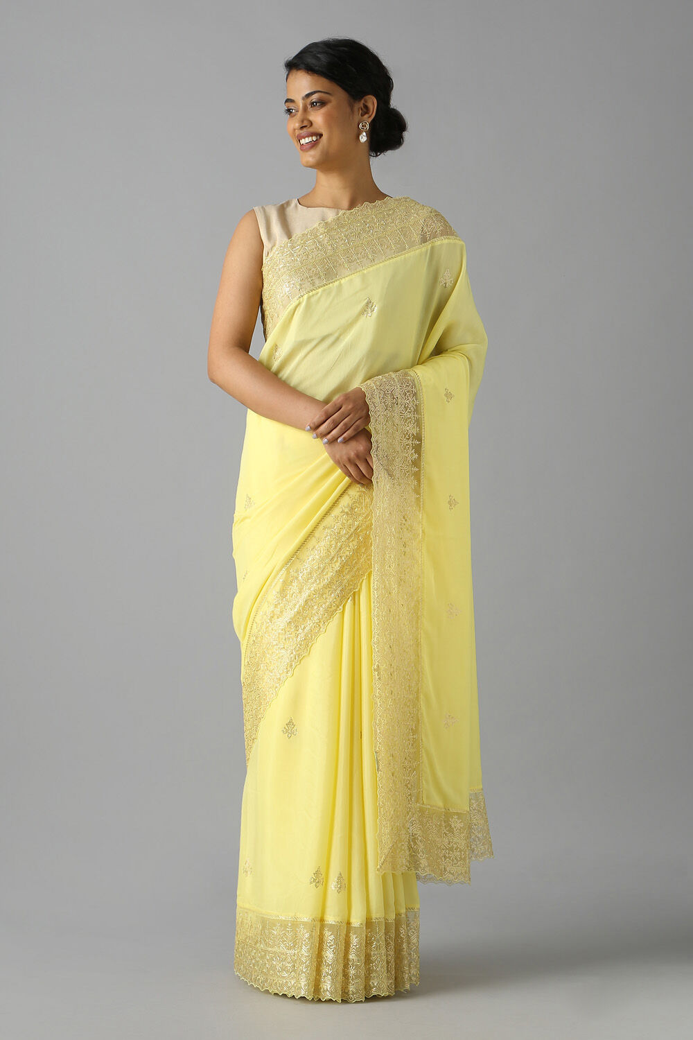 Yellow Viscose Embroidered Saree image number null
