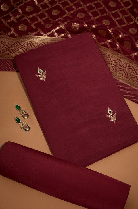 Dark Red Viscose Embroidered Unstitched Suit Set