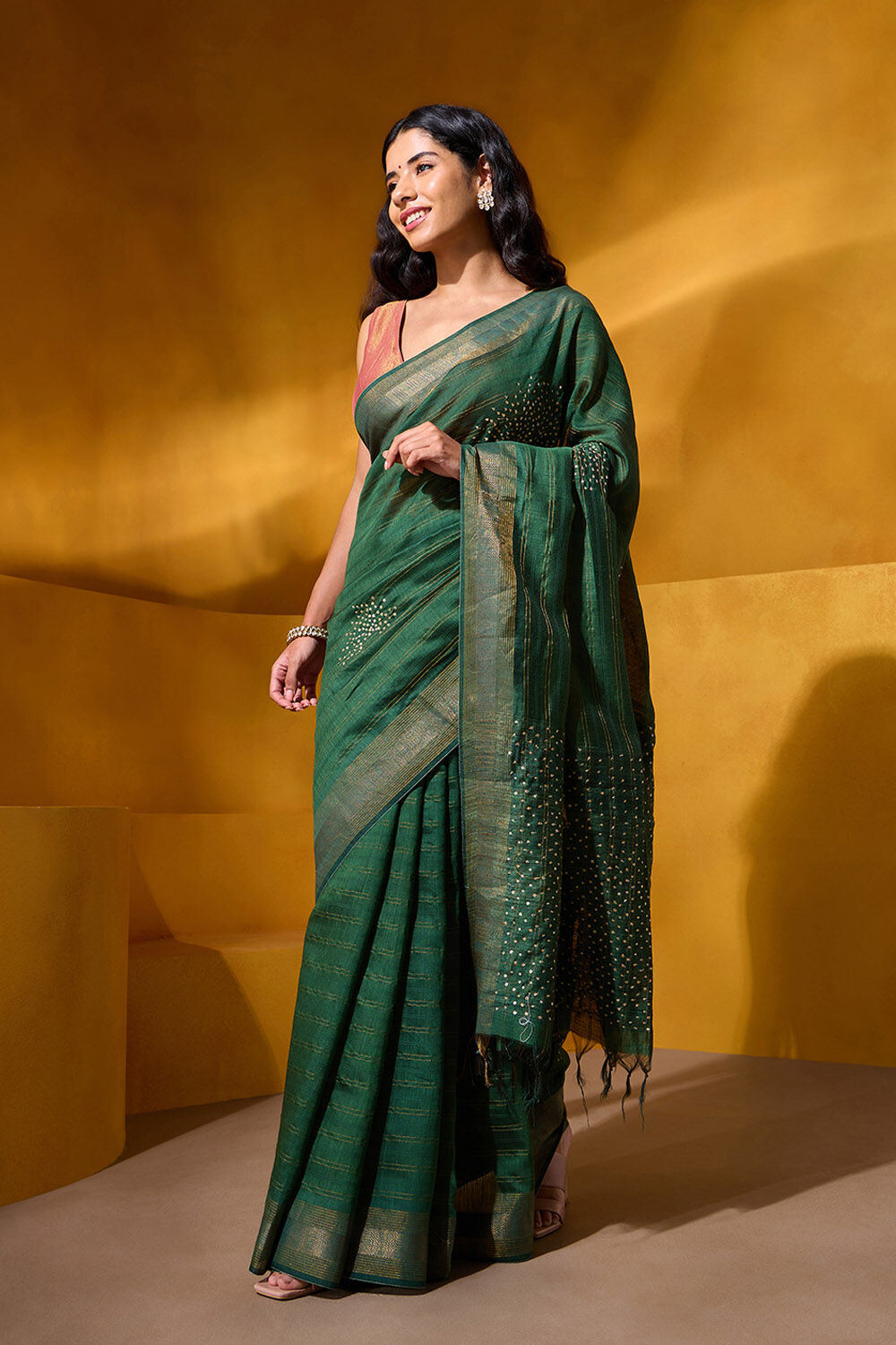 Dark Green Pure Silk Sequin Saree image number null
