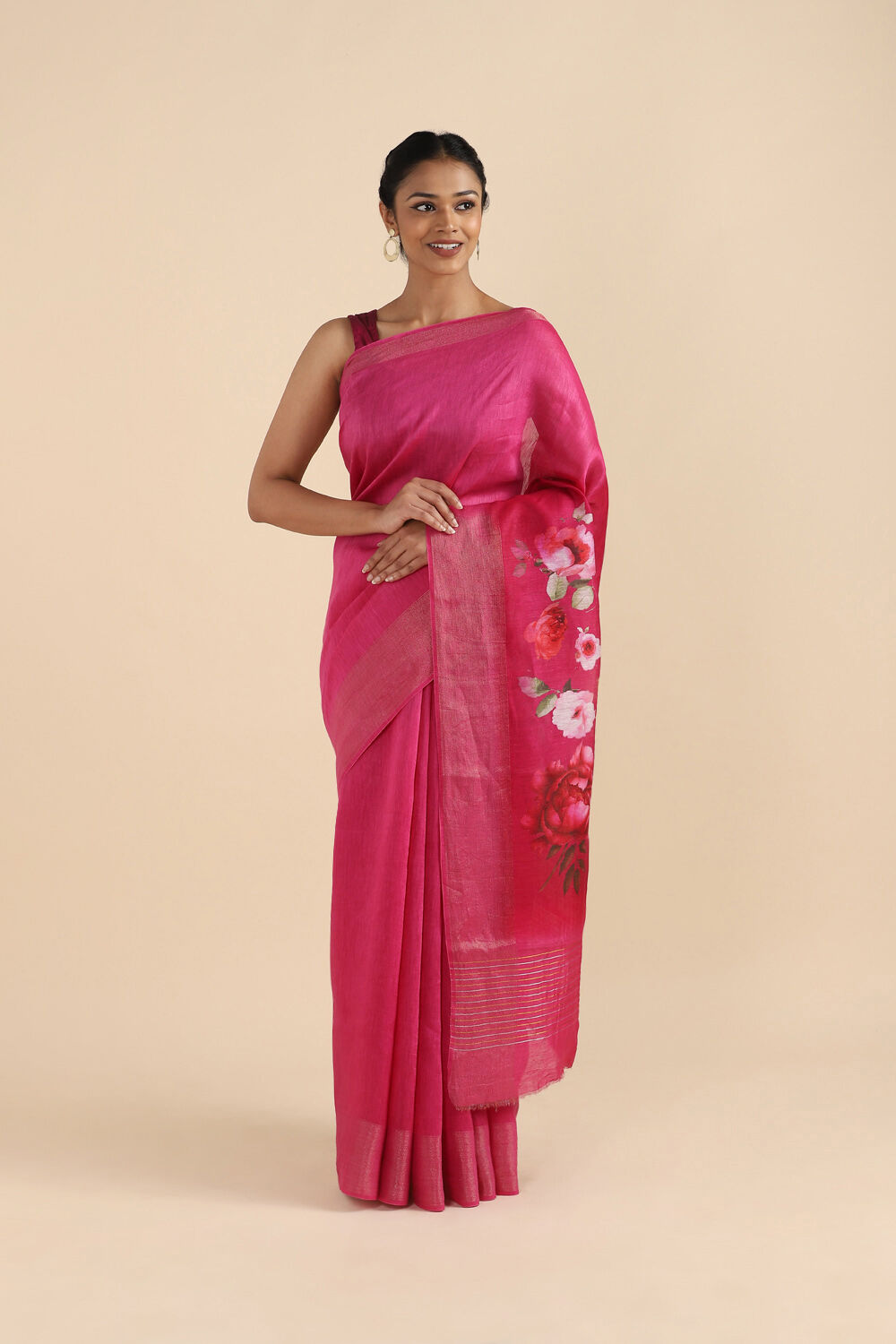 Light Pink Pure Silk Linen Digital Printed Saree image number null