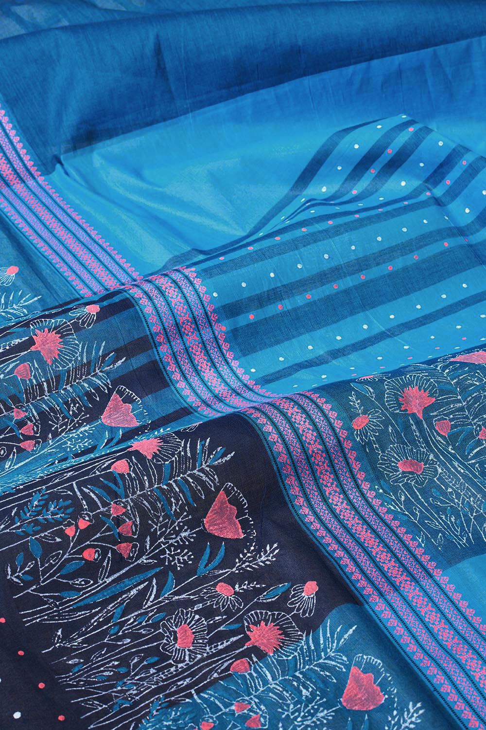 Blue Rajasthan Block Printed Pure Cotton Saree image number null