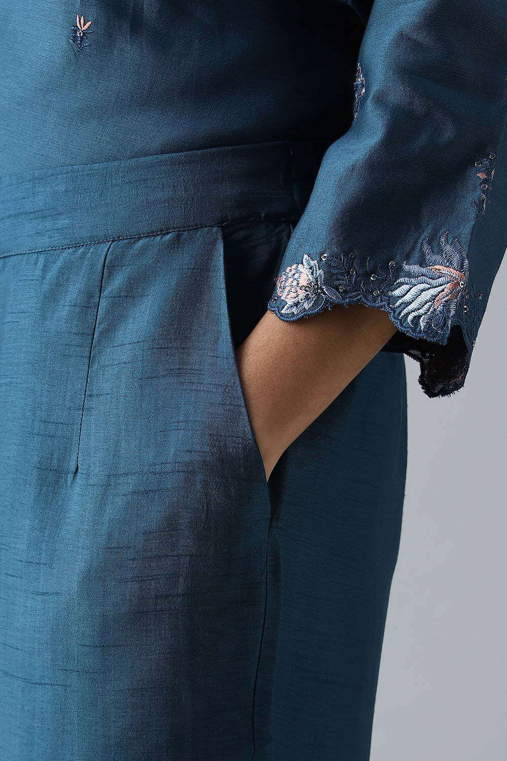 Dark Blue Embroidered Silk Cotton Kurta Set image number null