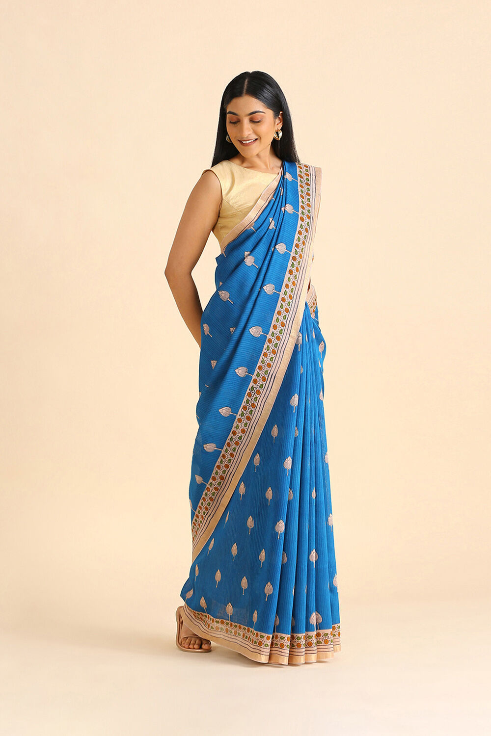 Blue Hand Blockprinted Pure Tussar Vanya Saree image number null