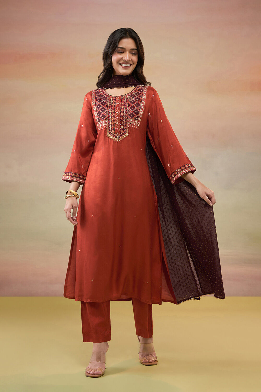 Dark Orange Pure Viscose Embroidered Kurta Set image number null