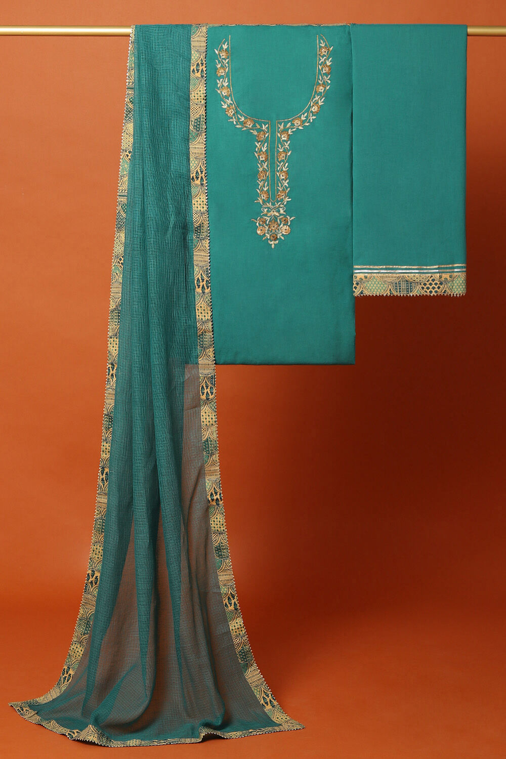Blue Cotton Embroidered Unstitched Suit Set image number null