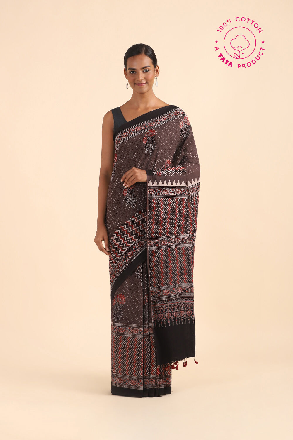 Brown Pure Cotton Ajrakh Printed Saree image number null