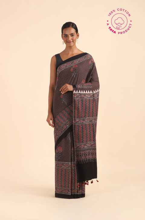 Brown Pure Cotton Ajrakh Printed Saree