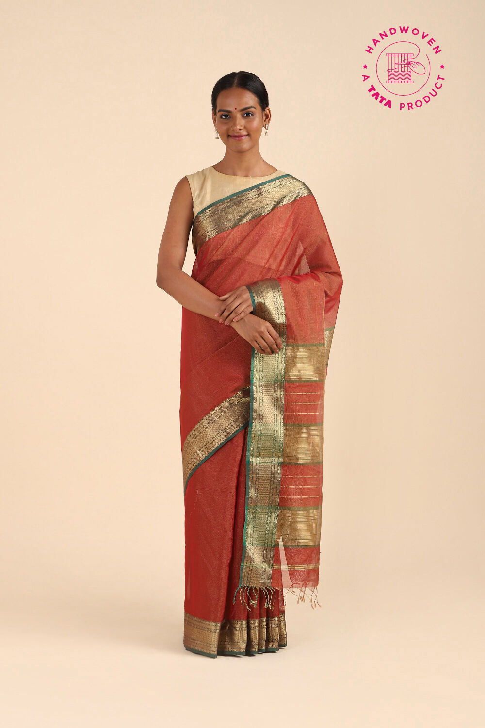 Dark Red Pure Cotton Tissue Maheshwari Saree image number null