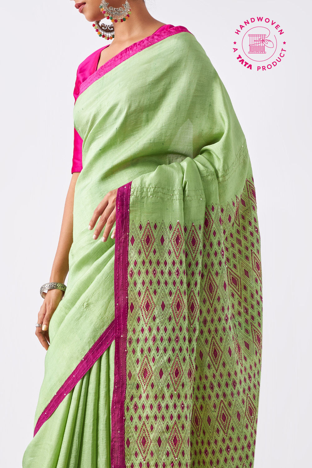Light Green Pure Silk Hand Painted Saree image number null