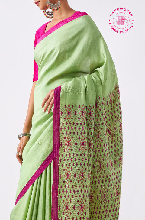 Light Green Pure Silk Hand Painted Saree