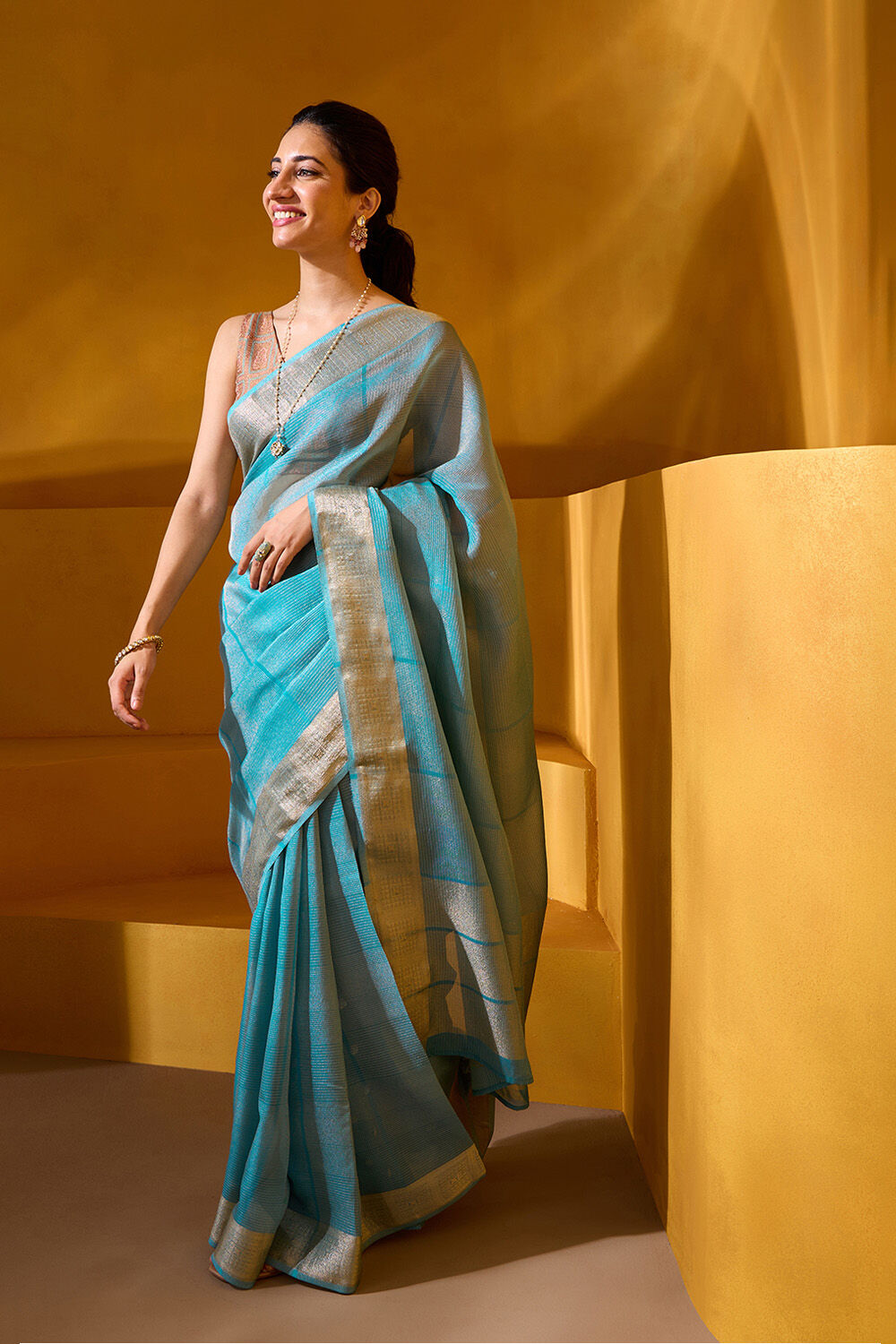 Blue Woven Viscose Tissue Saree image number null