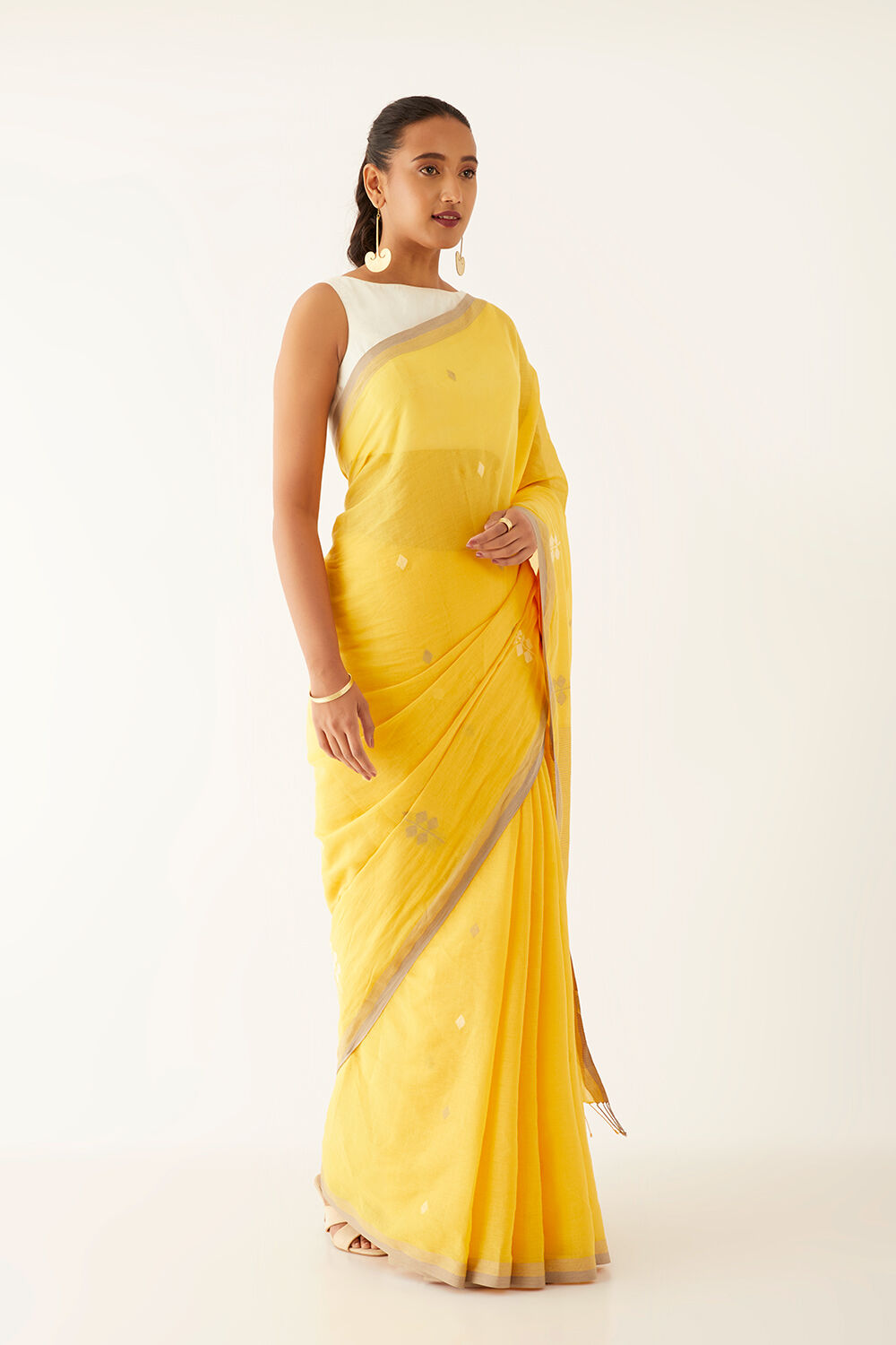 Yellow Pure Cotton Jamdani Bengali Saree image number null