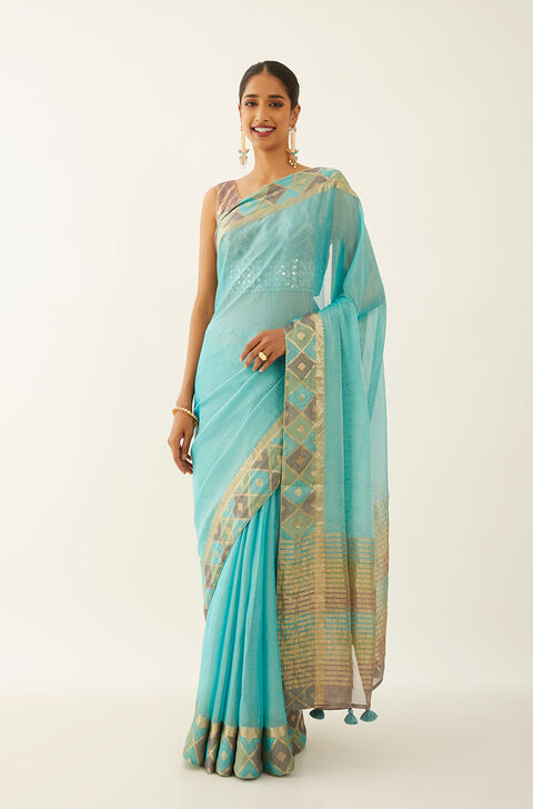 Blue Pure Georgette Tissue Woven Saree
